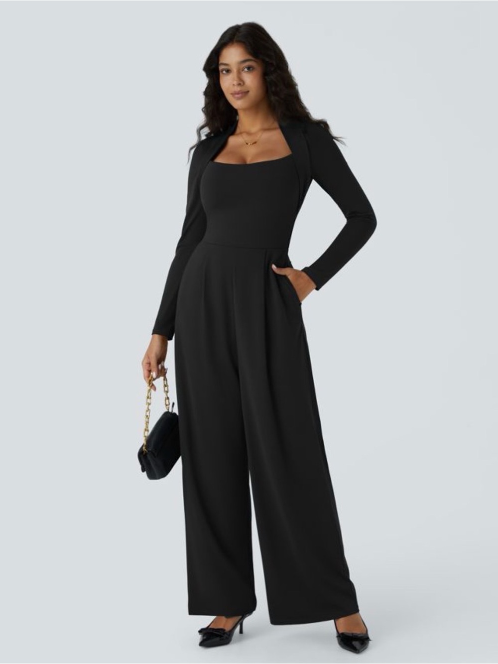 Halara NWT Long Sleeve Pocket Wide Leg Black Jumpsuit Easy Peezy size XL